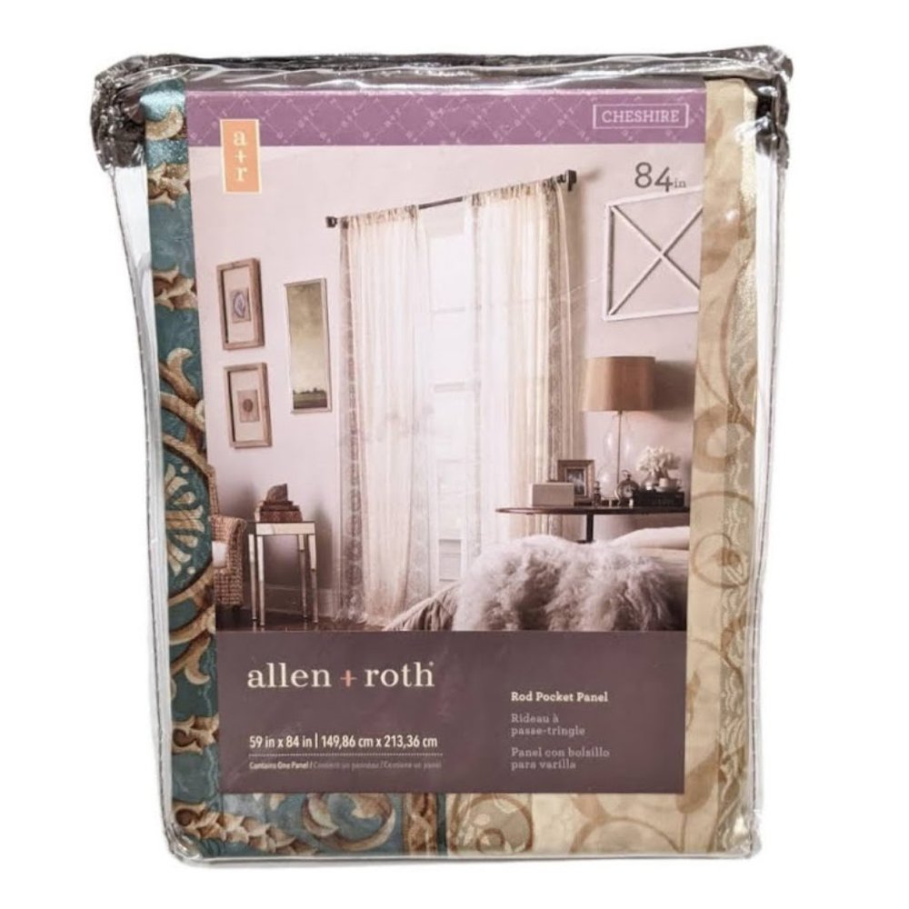 Allen & Roth Cheshire Mist Semi Sheer Curtains 84" Gold Blue Floral Living Room